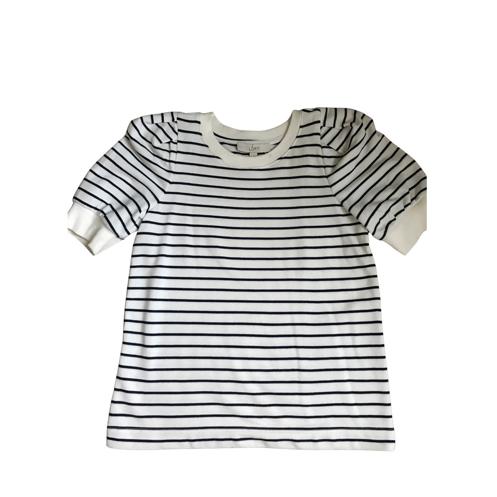 Loft Womens Navy Blue White Striped Puff Sleeve Short Sleeve Sweatshirt Top S